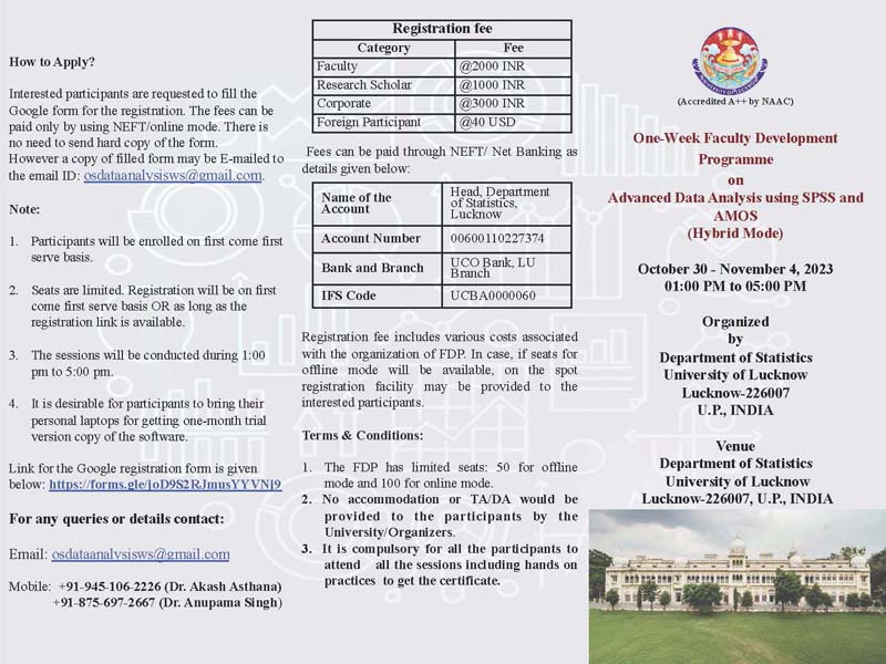 One-Week Faculty Development Programme on Advanced Data Analysis using SPSS and AMOS (Hybrid Mode) October 30 - November 4, 2023